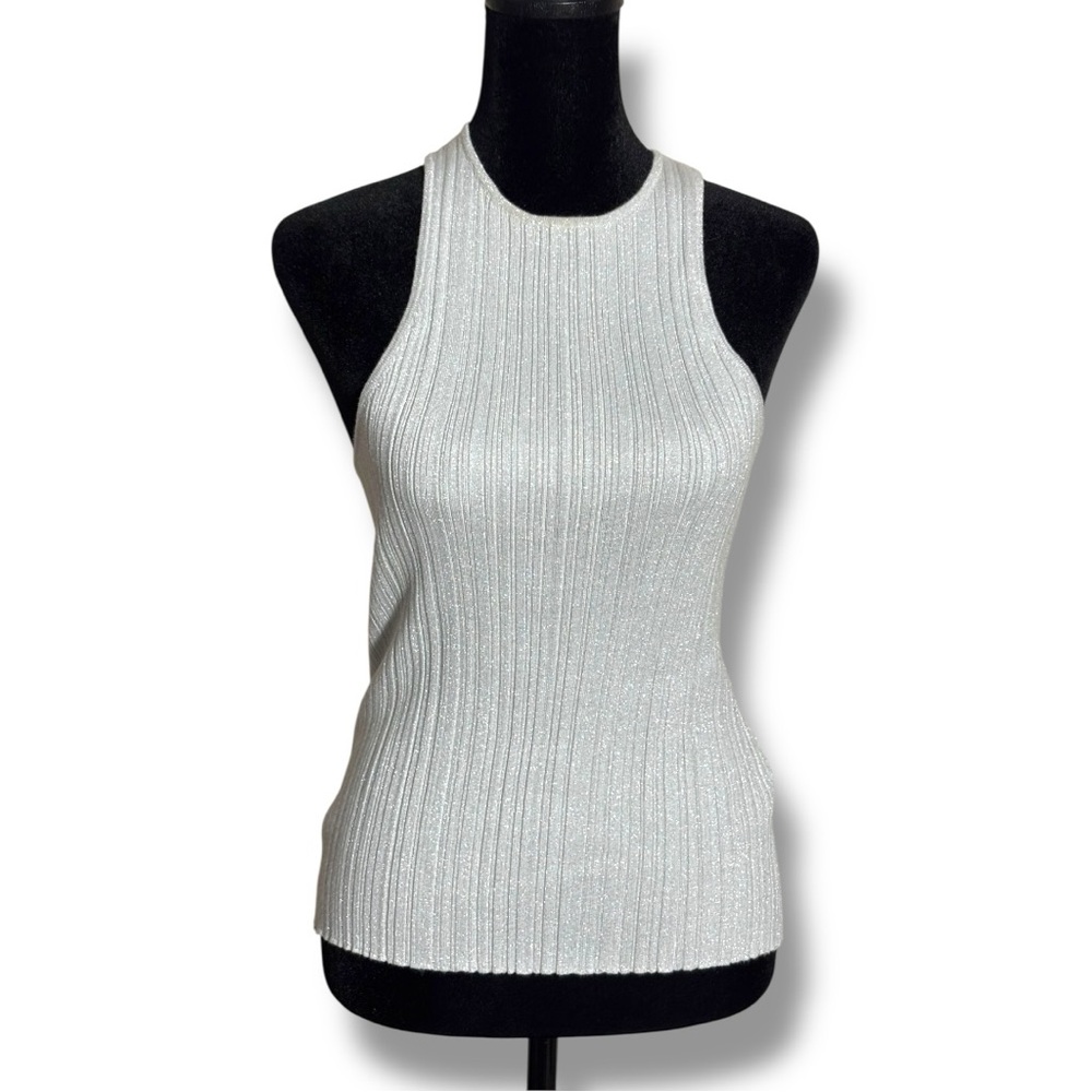 Madewell Blue/Silver Shiny Fitted Sleeveless Ribbed High Neck Racerback Tank Top - Picture 3 of 16